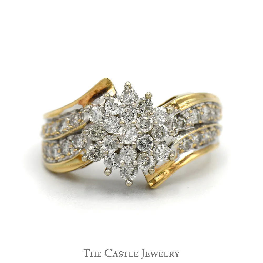 1cttw Snowflake Diamond Cluster Ring with Accented Sides in 10k Yellow Gold Bypass Mounting