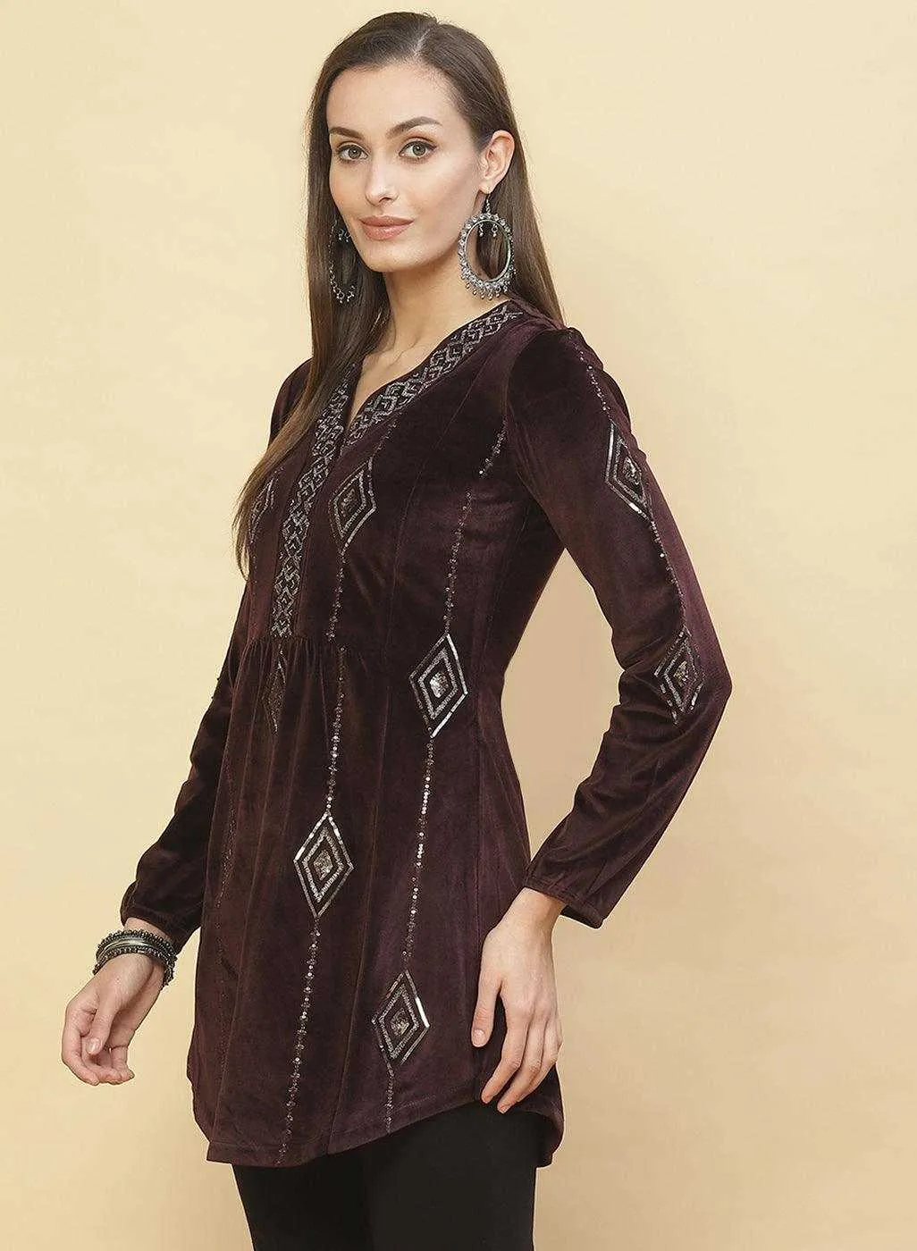 Antique Mauve Embroidered Velvet Tunic With Sequins