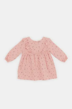 Babies Pink Printed Corduroy Dress