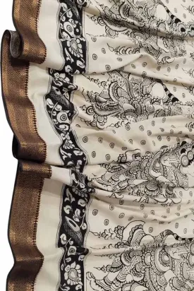 Black And White Kalamkari Hand Painted Pure Bangalore Silk Dupatta