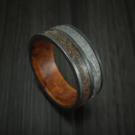 Black Titanium Tan Dinosaur Bone and Gibeon Meteorite Men's Ring with Desert Ironwood Burl Wood Sleeve Custom Made Fossil Band