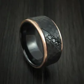 Black Zirconium Hammered Men's Band with 14K Rose Gold Edges and Black Diamonds Custom Made