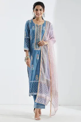 Blue Foil Printed Kurta Set