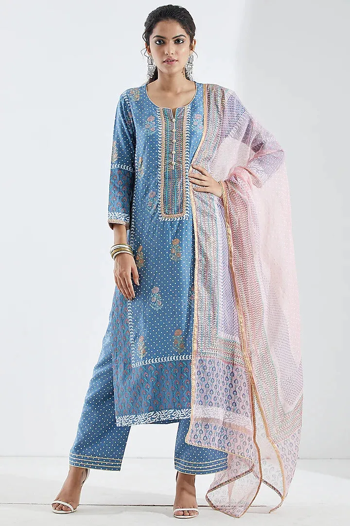 Blue Foil Printed Kurta Set