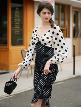 【Final Sale】Saanvi Elegant Square Neck Polka Dot Stitching Balloon Sleeve Dress