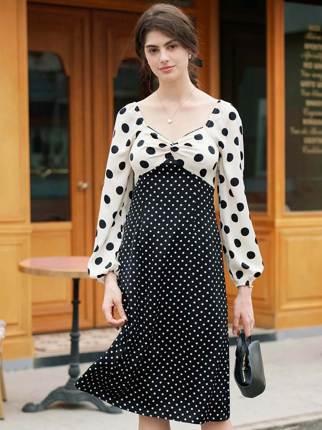 【Final Sale】Saanvi Elegant Square Neck Polka Dot Stitching Balloon Sleeve Dress