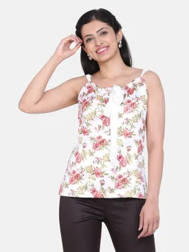 Floral Print Satin Front Tie Ruched Top - Off White