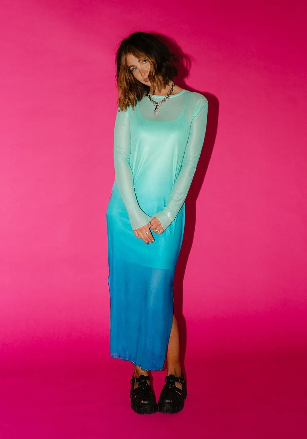 Mad About You Long Sleeve Mesh Dress in Mermaid Ombre