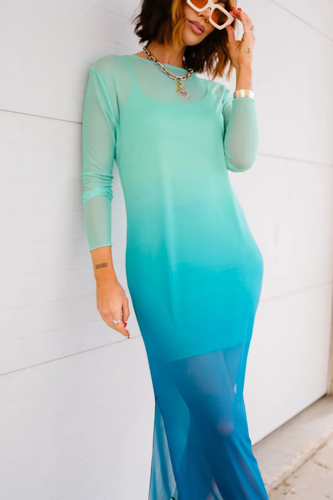 Mad About You Long Sleeve Mesh Dress in Mermaid Ombre