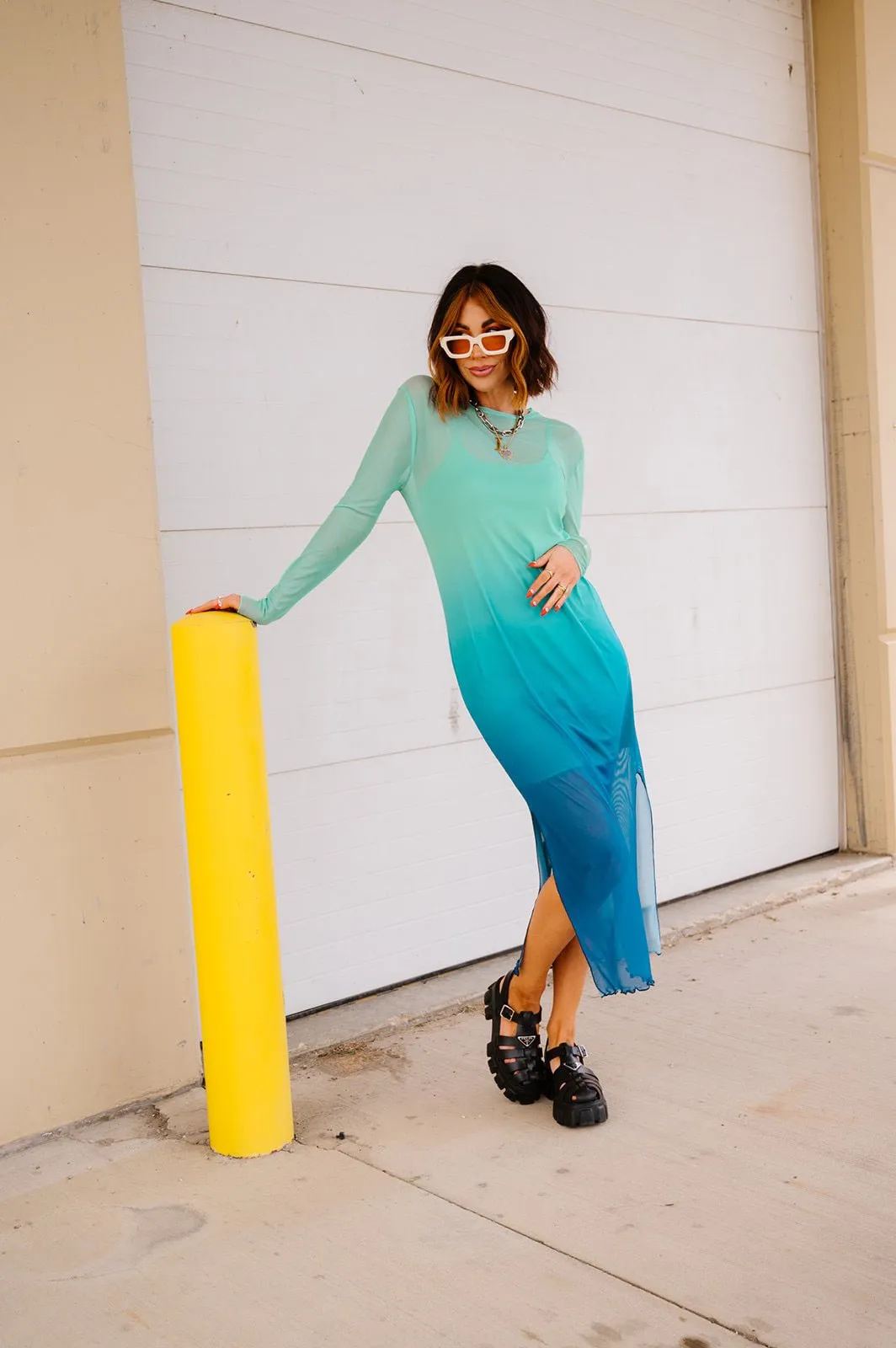 Mad About You Long Sleeve Mesh Dress in Mermaid Ombre