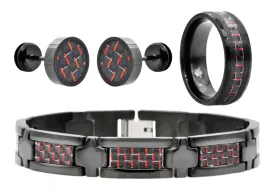 Mens Black Stainless Steel And Red Carbon Fiber Bracelet Ring And Earring Set