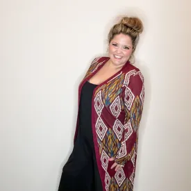 "Dutton" Aztec Print Cardigan with Pockets (Burgundy)