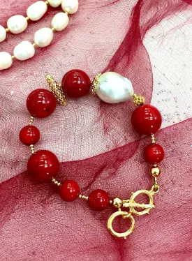 Round Coral with Baroque Pearls Bracelet CB004