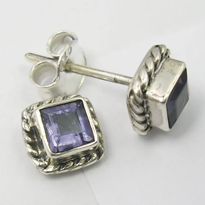 Solid Silver Iolite Square Stud Earrings