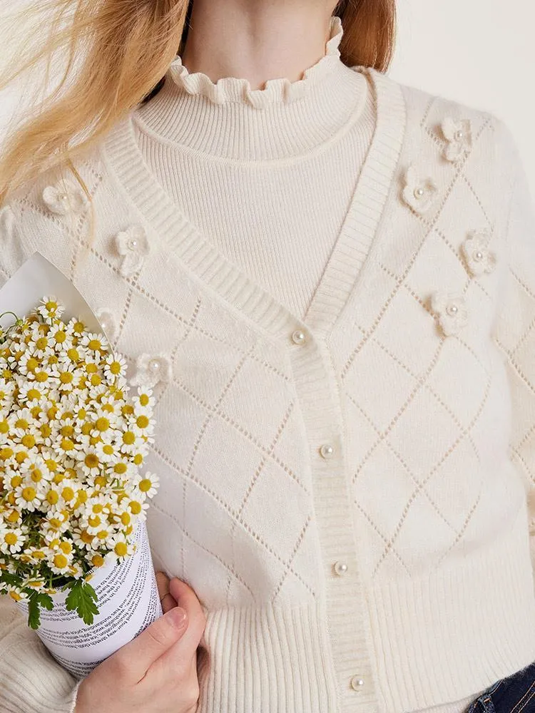 Three-dimensional Hand Crocheted Flower Pearl Cardigan